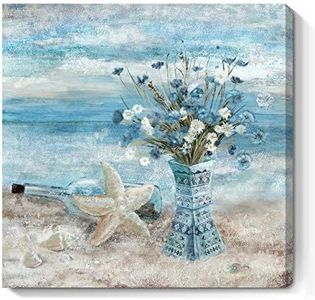 Bathroom Decor Wall Art Blue Beach Picture Ocean Theme Flower Canvas Print Modern Coastal Seascape Painting Framed Seaside Artwork Floral Daisy in Indian Vase for Home Sea Lake Bedroom 14x14inch