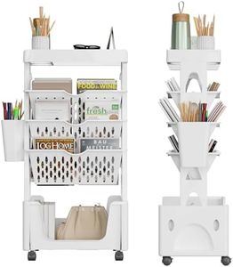 5-Tier Rolling Book Cart, Multi-Functional Movable Storage Book Rack Bookcase, Removable Kids Rolling Bookshelf Rolling Utility Cart with Lockable Casters For Classroom Study Office Bedroom (White)