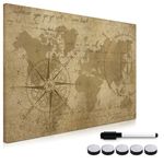 Navaris Magnetic Whiteboard Memo Board - 40 x 60 cm Writable Dry Erase Notice Message Board for Wall with Magnets and Marker - Antique World Map