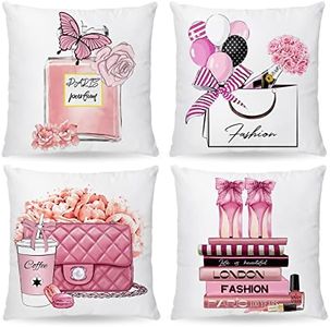 Okasion Pink Pillow Covers 18x18 Set of 4 Decorative Throw Pillow Covers Fashion Perfume Coffee Pink Flowers High Heel Butterfly Cute Accent Fashion Pillow Cover for Couch Sofa Decor (Pink Orange)