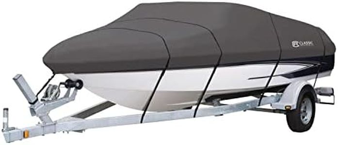 Classic Accessories StormPro Dark Grey Heavy-Duty Boat Cover, Fits boats 14 Foot - 16 Foot L x 90 in W, Marine Grade Fabric, Water-Resistant, Fits V-Hull Runabouts OutBoards and I/O