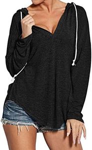 Ezcosplay Women Deep V Neck Solid Pullover Hoodies Casual Lightweight Drawstring Loose Hooded Sweatshirt