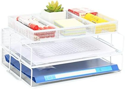 EasyPAG 2 Tier A4 Mesh in Trays Stackable Office Desk Tidy File Holder Magazine Storage Paper Organiser with Top Stationery Holder,White