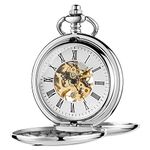 Tiong Silver Double Open Pocket Watch Hunter Mechanical Pocket Watch Engraved Roman Numeral Dial Mechanical Pocket Watch for Men