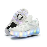 HUSKSWARE Kids Shoes with Wheels – 2-Wheel Roller Trainers for Boys Girls, LED Light-Up USB Rechargeable Retractable Sneakers, Outdoor Sports Skating Shoes EU 27-40 Black Pink White