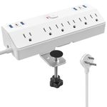 Desk Clamp Power Bar with 2 PD 20W USB-C, JXGUCAT Removable Fast Charging Desktop Edge Power Strip Surge Protector, 10ft Extension Cord Flat Plug with 6 AC Outlets, Fit 1.8" Tabletop Edge