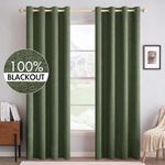 MIULEE 100% Blackout Linen Textured Curtains for Bedroom Solid Thermal Insulated Olive Green Grommet Room Darkening CurtainsLuxury Decor for Living Room Nursery 52 x 96 Inch (2 Panels)