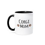 3dRose Mug_154105_4 Corgi Dog Mom Doggie by Breed Brown Muddy Paw Prints Love Doggy Lover Proud Mama Pet Owner Two Tone Black Mug, 11 oz, Black/White