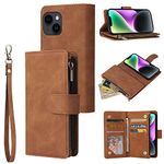 QLTYPRI Case for iPhone 14, Large Capacity Leather Wallet Case 6 Card Holder & 1 Zipper Pocket Kickstand Wrist Strap Magnetic Case for iPhone 14 - Brown