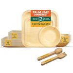 ECO SOUL [10 Pack Palm Leaf Dinnerware Set |Biodegradable, Disposable Square Plate Set |Eco Friendly Tableware for Wedding, Birthday, Party |10 & 6 inch (25 cm & 15 cm) Plates, 250 ml Bowls & Cutlery