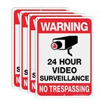 Video Surveillance Sign, No Trespassing Metal Reflective Warning Sign - 4 Pack - 10 x 7 Inches .040 Aluminum - 6 Pre-drilled Holes - UV Protected, Waterproof, Fade Resistant