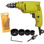 MLD 10mm Powerful Drill Machine Screwdriver Reverse Forward Rotation with Variable Speed With 5 Pcs HSS Drill Bit set and 6 Pcs Hole saw cutter