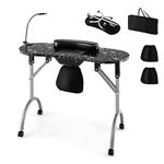 GOFLAME Manicure Nail Table, Foldable Nail Technician Desk w/Electric Downdraft Vent, Bendable LED Lamp, Removable Armrest Pad, Dust Bag, Manicure Table with Lockable Wheels for Home, Salon, Black