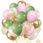 Sage Green Pink Balloons, 50pcs Olive Green Pastel Pink Sand White Metallic Gold Balloons Gold Confetti Balloons with White Ribbon for Wedding Birthday Party Safari Baby Shower Decorations