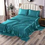 Sfoothome 4 Pieces Satin Sheets for Queen Size Bed, Hotel Silky Teal Satin Sheet Set, Satin Bed Sheets with 1 Satin Fitted Sheet + 1 Satin Flat Sheet + 2 Satin Pillowcases