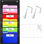 Storage Pocket Chart, Heavy Duty Wall File Organization Folder with 5 Clear File Pockets, 5 Blank Dry-Erase Name Stickers Plus 2 Over Door Hooks for Files, Bills, Classroom & Office (Black, 14” X 28”)