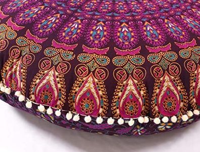 Popular Handicrafts Floor Pillow Cushion Cover - Hippie Mandala Cushion Cover Large with Pom Poms Soft Particles - Pouf Cover Round Bohemian Yoga Decor, 32" Magenta