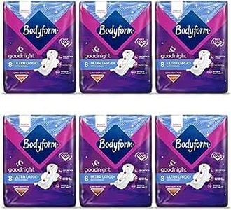 Body Form Ultra Long Sanitary Towels with Wings, (3 x 10) 30 Sanitary Pads Ultra for Day Protection and (3 x 8) 24 Good Night Ultra Large Period Pad for Super Heavy Flow. (PK6)