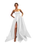 MllesReve Womens Long Strapless Satin Prom Dress Sleeveless Slit Evening Ball Gown with Pockets, White, 4