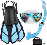 AosDero Kids Snorkeling Set Adjustable Swimming Kids Flippers+Panoramic Snorkel Mask+ Dry Snorkel Tube+ Travel Bags Suitable Snorkeling Gear for Kids,Juniors,Age 5-14