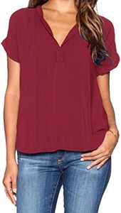 LILBETTER Womens Casual Chiffon Ladies V-Neck Short Sleeve Blouse Tops(Red,Medium)