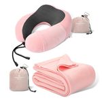 urnexttour Travel Pillow and Blanket Set, Memory Foam Neck Pillow Travel and Airplane Blanket Compact Soft, Plane Travel Essentials for Adult Traveling Car Train Sleeping, Pink