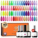 Modelones 40 Pcs Gel Nail Polish Set, Spring Summer Rainbow Neon Gel Polish Bright Colors Colorful with Base & Top Coat DIY Salon Home Nail Polish Soak Off UV Nail Art Starter Kit Gift for Girls Women