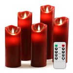 HANZIM LED Candles,Flameless Candles 5" 6" 7" 8" 9" Set of 5 Real Wax Battery Candle Pillars, Realistic Dancing Mood Candles and 10 Key Remote Control with 24 Hour Timer Function (Burgundy)