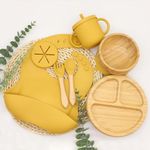 Bamboo/Silicone Baby Feeding Set - Suction Bamboo Divided Plate- Suction Bamboo Bowl - 2-in-1 Water Cup- Bib Wooden Spoon- Fork Tableware Set Perfect Baby Gift Set - BPA-Free (Mango)…