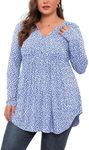 SHIJIALI Women's Plus Size Tops V Neck Henley Shirts Casual Long Sleeve Swing Flowy Blouse for Leggings Spot Blue-XX-Large