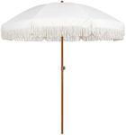 AMMSUN 7ft Patio Umbrella with Fringe, Easy to Set Up, Push Button Tilt, UV 50+ Protection, Outdoor Umbrella with Tassels for Backyard, Pool, Garden, Beach Party, White Cream