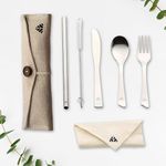 Rusabl (Pack of 6, Beige) Stainless Steel Cutlery Set, Reusable Travel for Daily Use, Gifting and Traveling, Spoon and Fork Set (Spoon, Fork, Knife, Steel Straw, Cleaner, Napkin and Jute Pouch