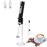 FIOUSY Handheld Electric Milk Frother with Stand, 2 Heads, Coffee Whisk Foam Mixer with USB Rechargeable 3 Speeds, Foam Maker Blender for Latte, Cappuccino, Hot Chocolate, Egg (Black with Stand)