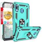 TJS Compatible with Samsung Galaxy A20 Case, Galaxy A30 Case, with Tempered Glass Screen Protector Metal Ring Magnetic Support Kickstand Heavy Duty Drop Protector Phone Case (Teal)