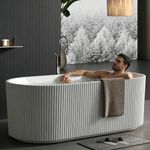 67" Freestanding Acrylic Soaking Tub, Modern Fluted Oval Bathtub with Double-Walled Insulation, Ergonomic Deep Soaking Tub, Non-Slip Base, cUPC Certified, White