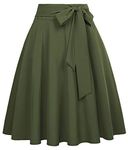 Belle Poque Women Dark Olive Green Midi Skirts Plus Size Vintage A Line High Waist Flared Skirts with Pockets Casual