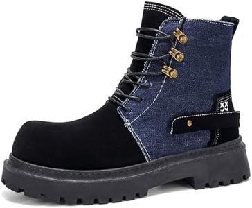 NENGMAON Men'S Denim Suede patchwork Motorcycle Boots With Side Zipper retro Comfortable Round Toe lace-up Lug sole Non-slip Riding Combat Ankle Boots for Work Hiking Cycling (Black,7.5)