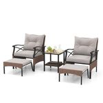 Tangkula 5 Pieces Wicker Patio Furniture Set, Outdoor Rattan Chairs with Ottomans, Cushions and 2-Tier Tempered Glass Side Table, Patio Conversation Bistro Set for Garden, Porch, Balcony