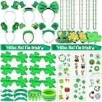 St Patricks Day Accessories 68Pcs St Patrick's Day Party Favor Supplies Set, Include Green Beads Shamrock Necklace Shamrock Glasses Tattoos Bracelets for Kids Irish Saint Party Parade Supply