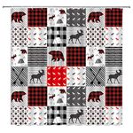 Retro Rustic Shower Curtain Cabin Bear Deer Moose Woodland Plaid Buffalo Check Arrow Zebra Stripes Vintage Hunting Farmhouse Fabric Bathroom Decor Sets with 12 Hooks 70X70Inchs