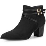 Allegra K Women's Pointed Toe Buckle Decor Cross Strap Block Heels Black Ankle Boots 8 M US