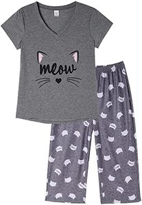 YIJIU Women Soft Comfy Pajamas Cute Cat Short Sleeve Capri Pants PJS Set, Grey Cat, Medium