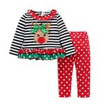 PythJooh Toddler Girl Christmas Outfits Baby Kid 2PCs Long Sleeve Deer Ruffled Top Shirt with Polka Dots Red Pants Clothing Set 1-6Years