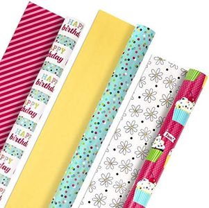 Hallmark Birthday Wrapping Paper Rolls - Colorful Gift Wrap Paper, Flowers, Cupcakes, Striped, Polka Dots (Set of 3 Reversible Rolls: 75 sq. ft. TTL.)