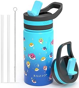 Insulated Water Bottle with Straw Lid, BUZIO Vacuum Double Walled Stainless Steel Wide Mouth Sports Drink Flask Tumbler Travel Cup for Kids, Simple Thermo Canteen Mug Cup with Blue Shark