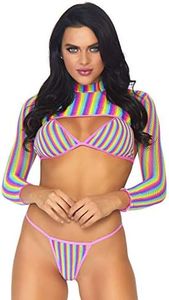 Leg Avenue Women's 3 Pc Fishnet Bikini, G-String Panties, Long Sleeve Crop Top Set, Multi, One Size