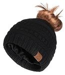 Hat Hut Satin Lined Beanie Hat for Women Silk Lined Winter Hat for Curly Hair Ponytail Beanie Messy Bun Knit Skull Cap (Black)