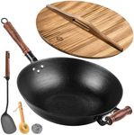 WANGYUANJI Cast Iron Wok Pan with Lid, 14.2 Inch Large Flat Bottom Uncoated Stir Fry Skillet, Heavy Duty Chinese Iron Pot for 4-6 People, Detachable Walnut Handle, Induction & Gas Safe