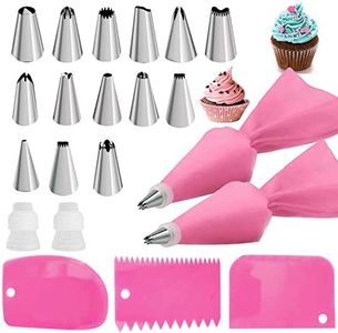 22pcs Piping Bags and Tips set,2 Reusable Silicone Pastry Bag with 14 Stainless Steel Nozzle Icing Tips Set, 3 Icing Smoother & 2 Couplers &1Sealing clip for Baking Decorating Cake Tool (Pink)