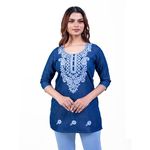 Velourge Short Kurti for Women - Denim Blue Lucknowi Machine Work Tops for Women 3/4 Full Sleeve Tops for Women, Round Neck Women's Short Kurti Perfect Women Tops for Jeans and for Everyday